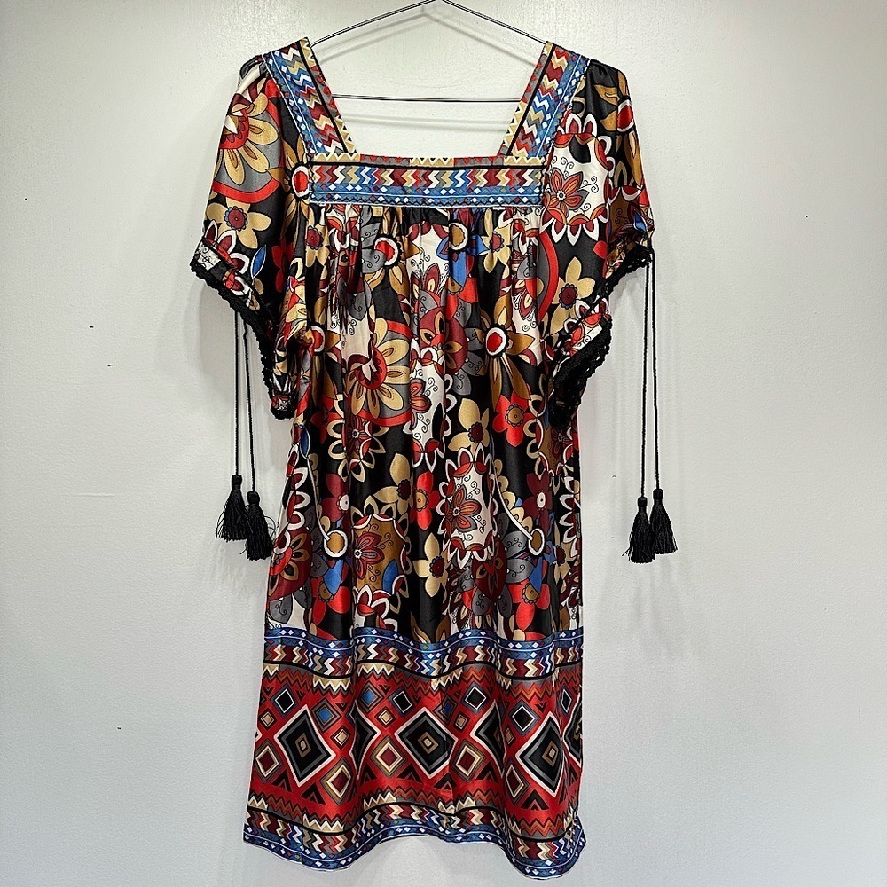 Funky People Satin Boho Jewel Tone Floral Print Tunic Dress with Tassels S-M